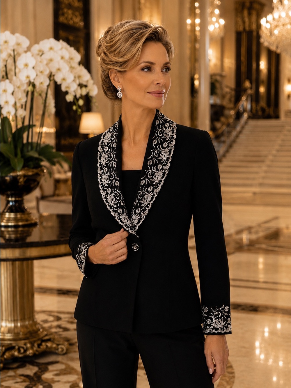 St. John Evening Black Knit with Embroidered Rhinestone Jacket - Size 6